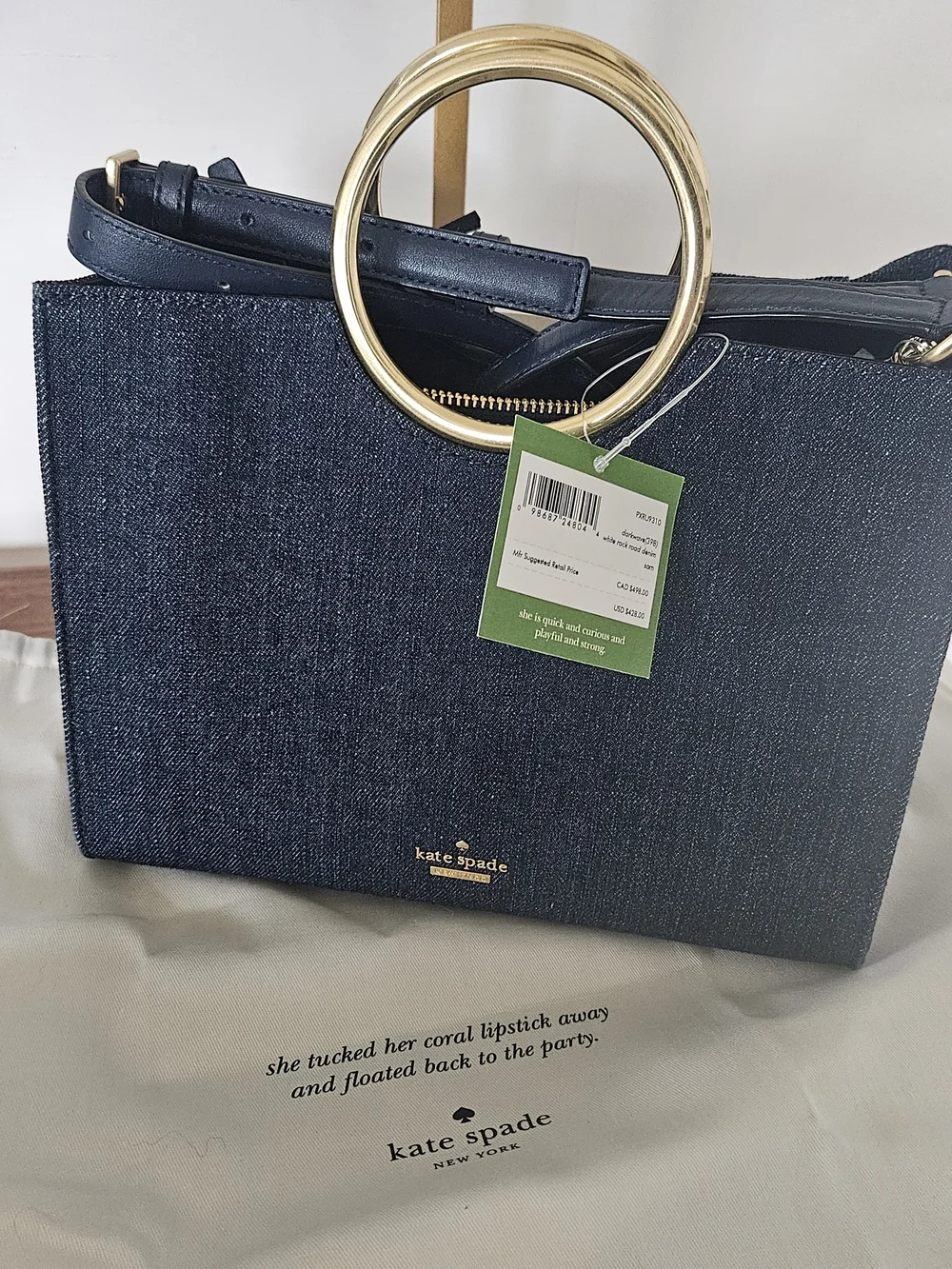 kate spade Dark Navy Denim Tote with Gold Ring Handles